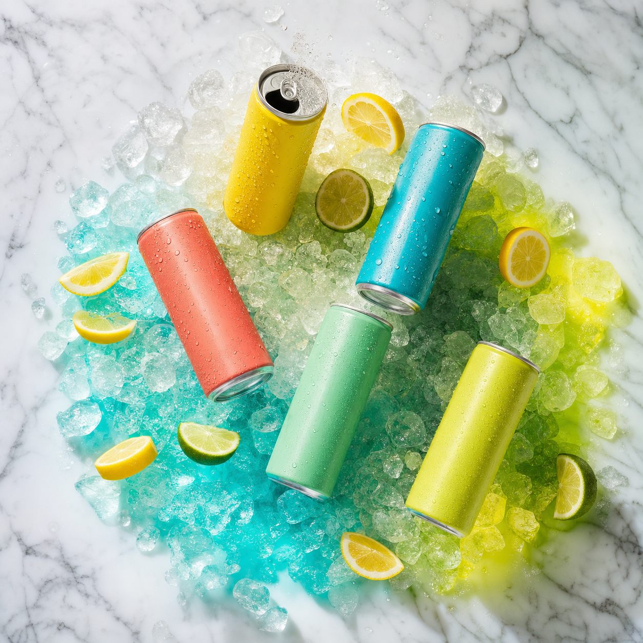 Colorful zero-sugar energy and sparkling water cans